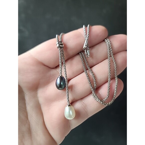 925 Sterling Silver Faux Lariat Pearl Pendant Necklace Vintage - Picture 2 of 10